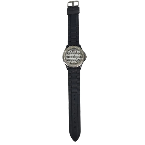 Geneva Women's Crystal Watch Round Black White Dial Black Silicone Band - Picture 1 of 2